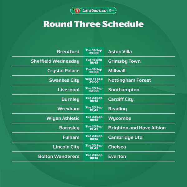 联赛杯第三轮赛程公布:利物浦对阵南安普顿凌晨开战